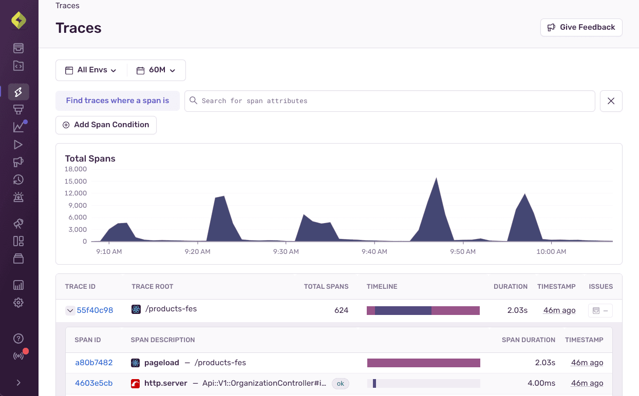 Page displaying search conditions for a trace and results of that search.